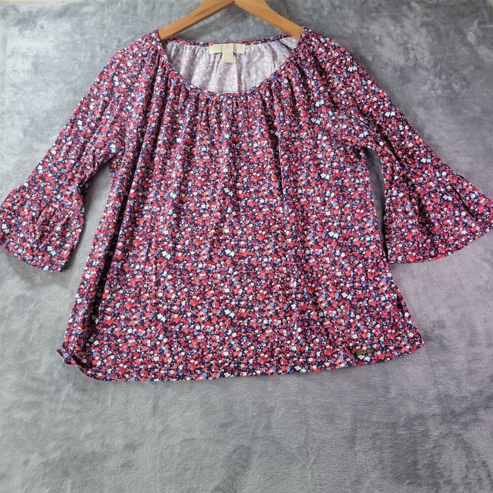 Michael Kors Womens M‎ Red Floral Bell Sleeve Blouse Boho Romantic Spring Top